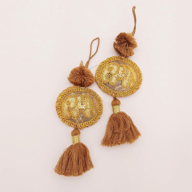 Set of 2 Hand Embroidered Tassels, Brown and Gold Tassels, Indian Tassels
